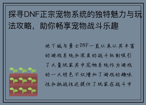 探寻DNF正宗宠物系统的独特魅力与玩法攻略，助你畅享宠物战斗乐趣
